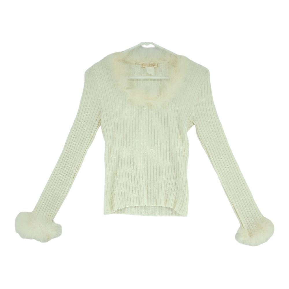 Vintage Small Vertigo Paris White Ribbed Sweater with Feather Collar and Sleeve